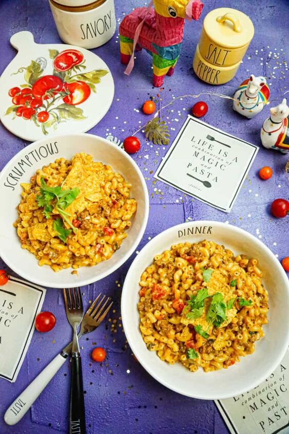 taco pasta casserole, Taco Pasta Casserole in a pasta bowls