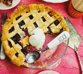 refined sugar free cherry pie, a pie plate with a cherry pie with a scoop of vanilla ice cream