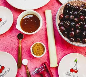 refined sugar free cherry pie, ingredients for homemade refined sugar free cherry pie and a cherry pie plate with measuring spoons