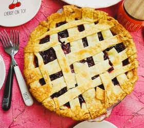 refined sugar free cherry pie, a lattice pie crust with cherries forks and cherry pie plates