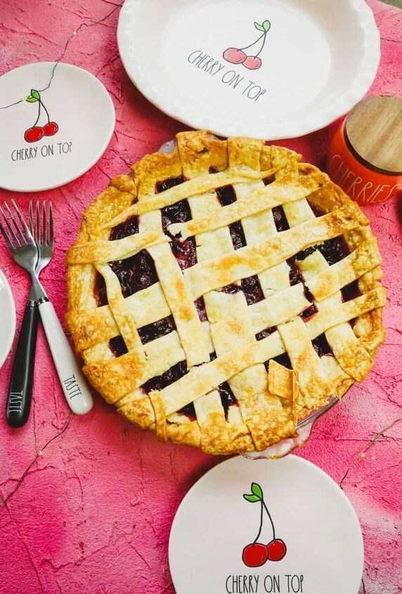 refined sugar free cherry pie, a lattice pie crust with cherries forks and cherry pie plates