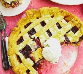 refined sugar free cherry pie, half of a homemade pie with ice cream sitting on top