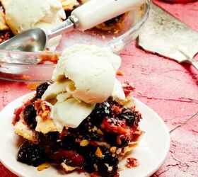 refined sugar free cherry pie, A slice of homemade cherry pie with a scoop of ice cream