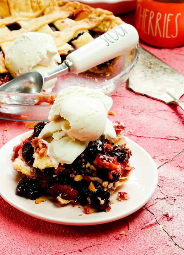 refined sugar free cherry pie, A slice of homemade cherry pie with a scoop of ice cream