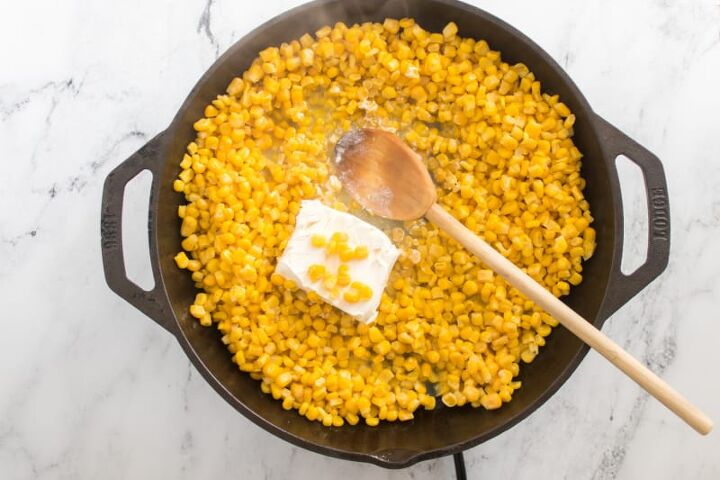 cast iron skillet corn recipe, adding cream cheese to corn