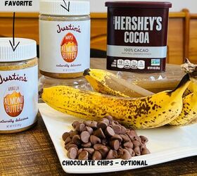 easy 3 ingredient brownies with bananas, Healthy brownie ingredients 2 jars of Justin s almond butter Hersheys unsweetened cocoa powder ripe bananas and chocolate chips