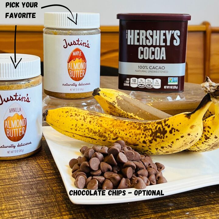 easy 3 ingredient brownies with bananas, Healthy brownie ingredients 2 jars of Justin s almond butter Hersheys unsweetened cocoa powder ripe bananas and chocolate chips