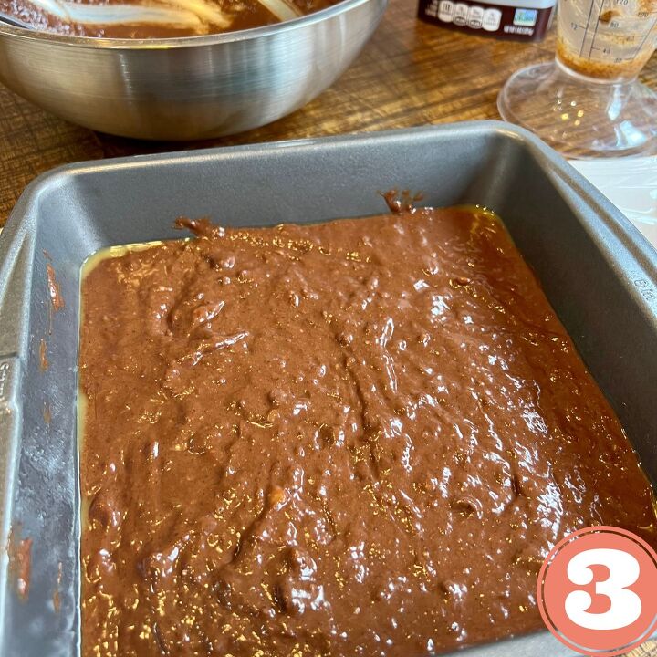 easy 3 ingredient brownies with bananas, Chocolate brownie batter in a cake pan