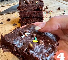 easy 3 ingredient brownies with bananas, A hand holding a three ingredient chocolate brownie