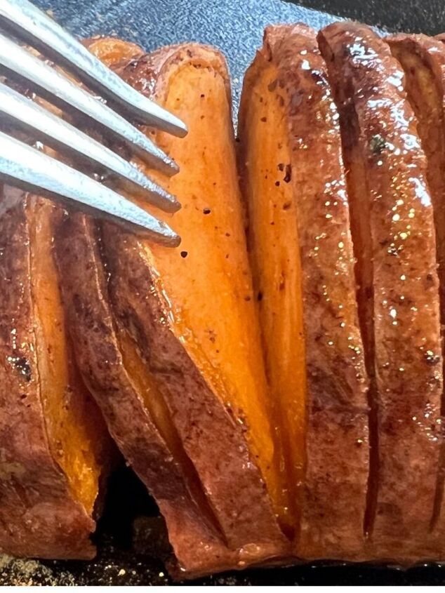 easy 3 ingredient brownies with bananas, Hasselback air fryer sweet potato with a fork separating a slice