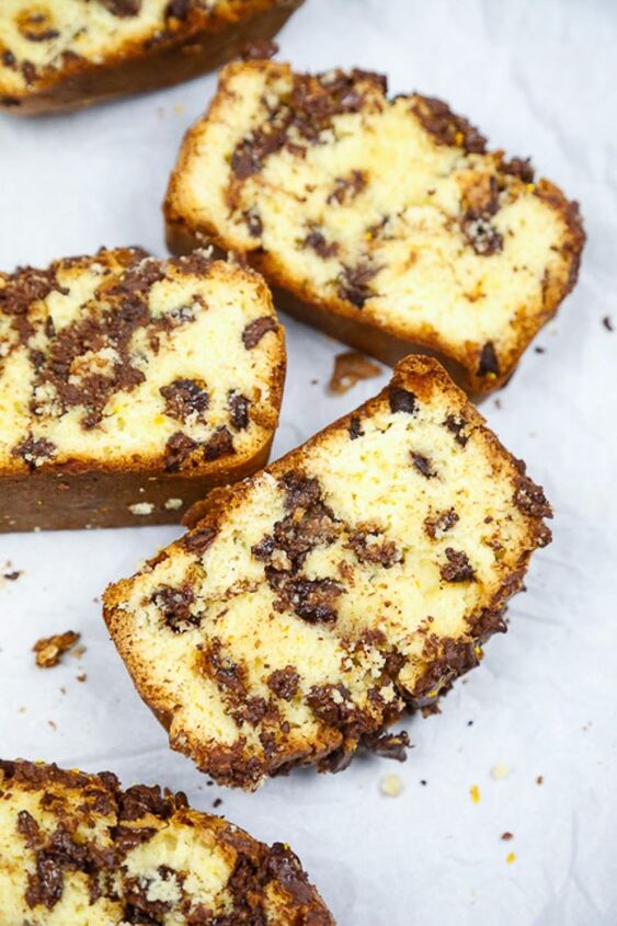 chocolate orange loaf cake, Open faced thick slices of chocolate cake with orange zest