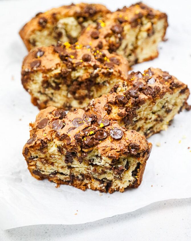 chocolate orange loaf cake, Stacked slices of chocolate and orange cake
