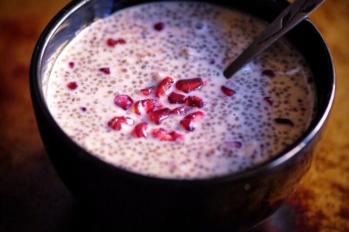 honey ginger pomegranate chia seed pudding gluten free vegan option, This pomegranate chia seed pudding with a hint of ginger makes for one easy delicious and nutritious gluten free vegan breakfast snack or dessert chiaseedpudding pomegranate honeyginger chiaseeds pudding festive