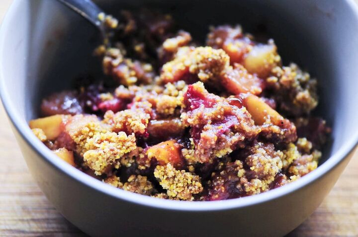 apple strawberry crisp with polenta gluten free vegan, A sweet tart strawberry and apple crisp brought to life with a subtle polenta crunch This tasty and healthy gluten free vegan fruit crisp is sure to please the senses strawberryapple glutenfreestrawberry glutenfreeapplecrisp polenta vegandessert refinedsugarfree