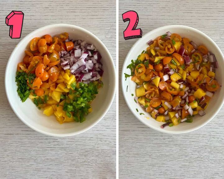 sweet and spicy mango pico de gallo, process photos showing how to make mango pico de gallo by mixing ingredients in a bowl