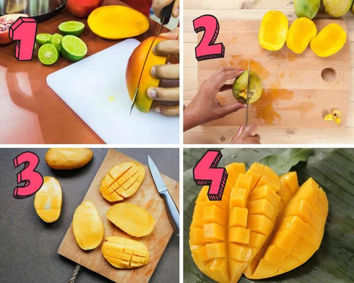 sweet and spicy mango pico de gallo, process photos showing how to cut a mango step by step