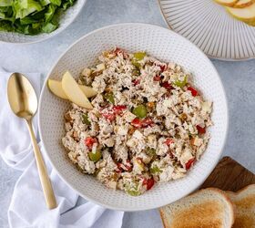 easy chicken salad recipe, Shredded chicken diced apple bell pepper onion grapes and raisins mixed with mayo in a large serving bowl