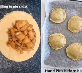 easy vegan hand pies apple, proces shots showing the PIe crust filed with filling on a black surface and the hand pie on the baking sheet raw before baking