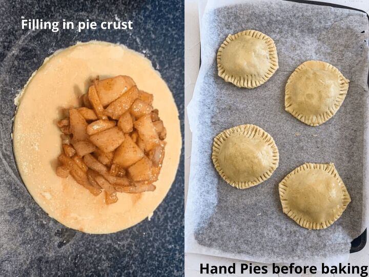 easy vegan hand pies apple, proces shots showing the PIe crust filed with filling on a black surface and the hand pie on the baking sheet raw before baking