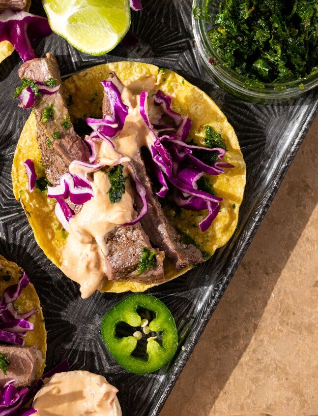 flank steak tacos with chimichurri, This chipotle lime crema adds so much flavor and heat to the taco