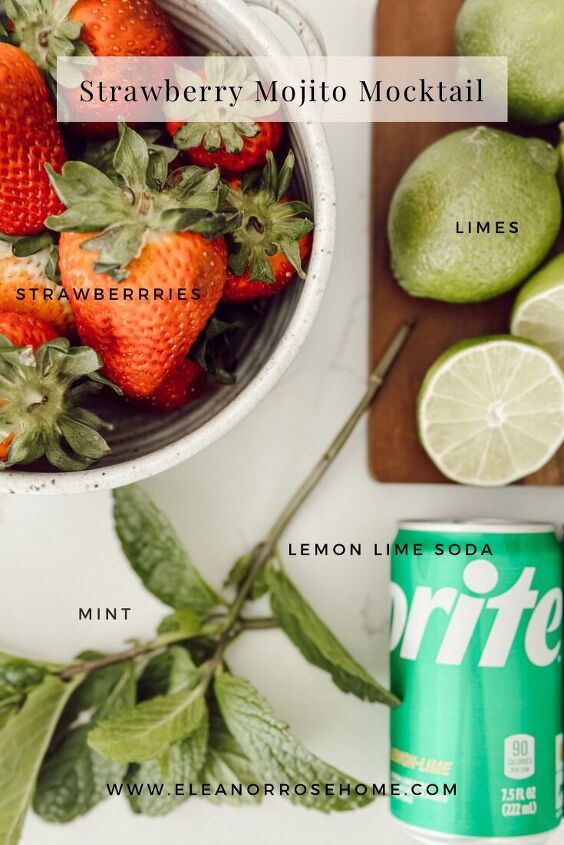 strawberry mojito mocktail, Ingredients for a mojito mocktail include strawberries limes mint lemon lime soda