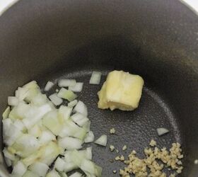 weight watchers chicken pot pie, frying butter onions and garlic for making ww chicken pot pie