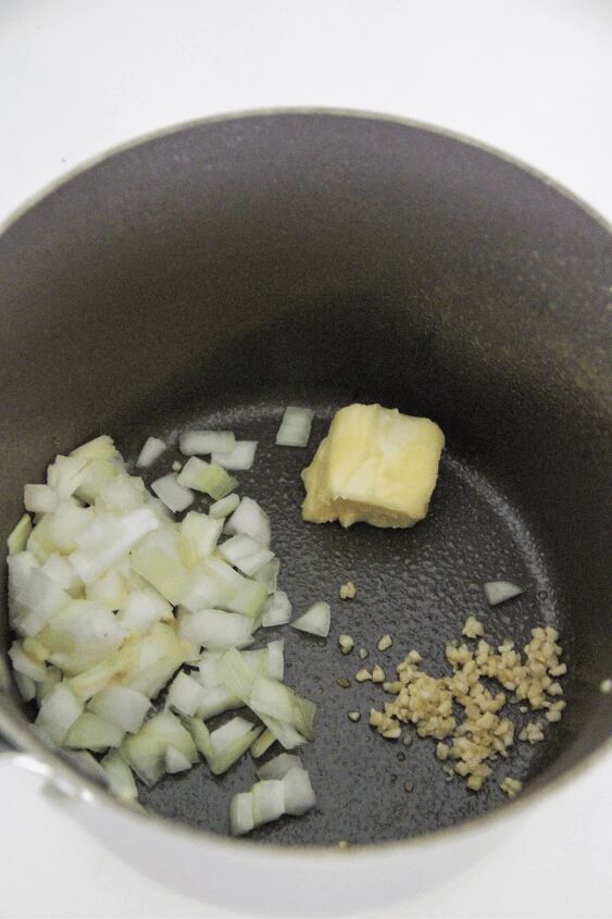 weight watchers chicken pot pie, frying butter onions and garlic for making ww chicken pot pie