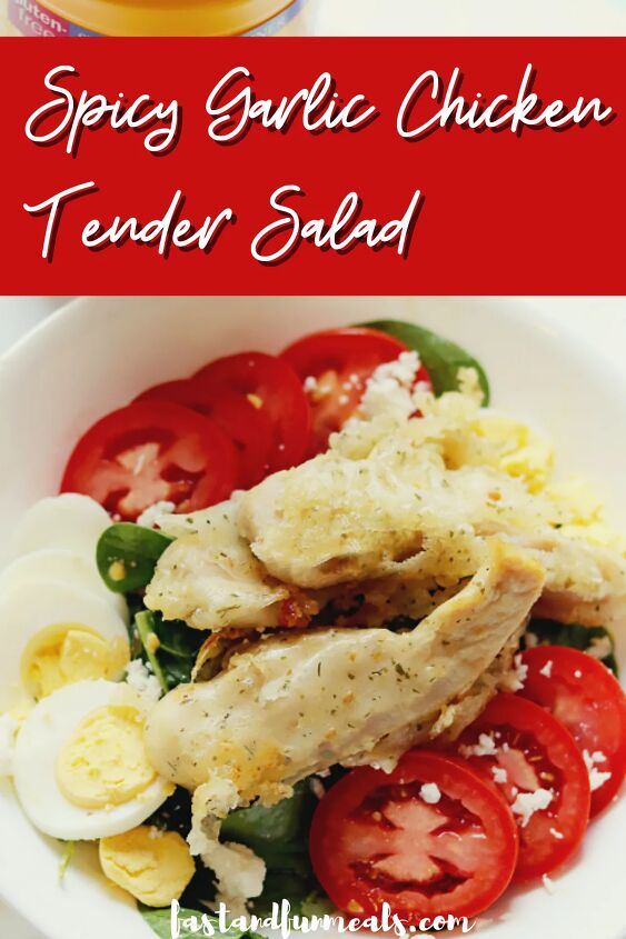 spicy garlic chicken tender salad, Pin showing Spicy Garlic Chicken Tender Salad