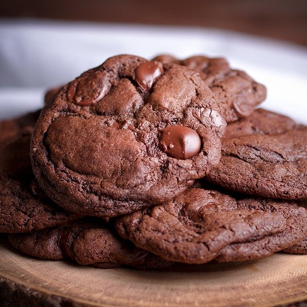 A pile of double chocolate Anything Cookies on a tray