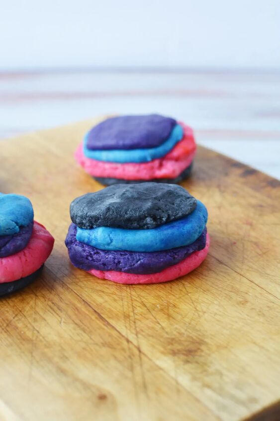 mini space cookies how to make galaxy shortbread bites, Colored dough stacked