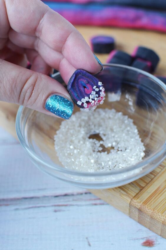 mini space cookies how to make galaxy shortbread bites, Dipping mini cookie into sugar sprinkles