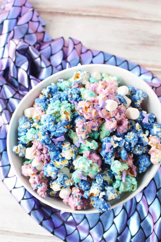 Purple blue and teal popcorn in a bowl