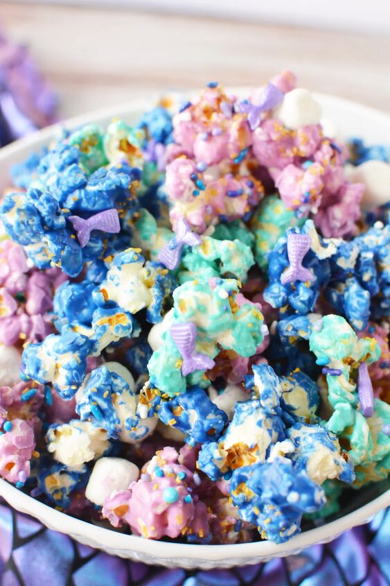 Mermaid party popcorn with sprinkles in a bowl