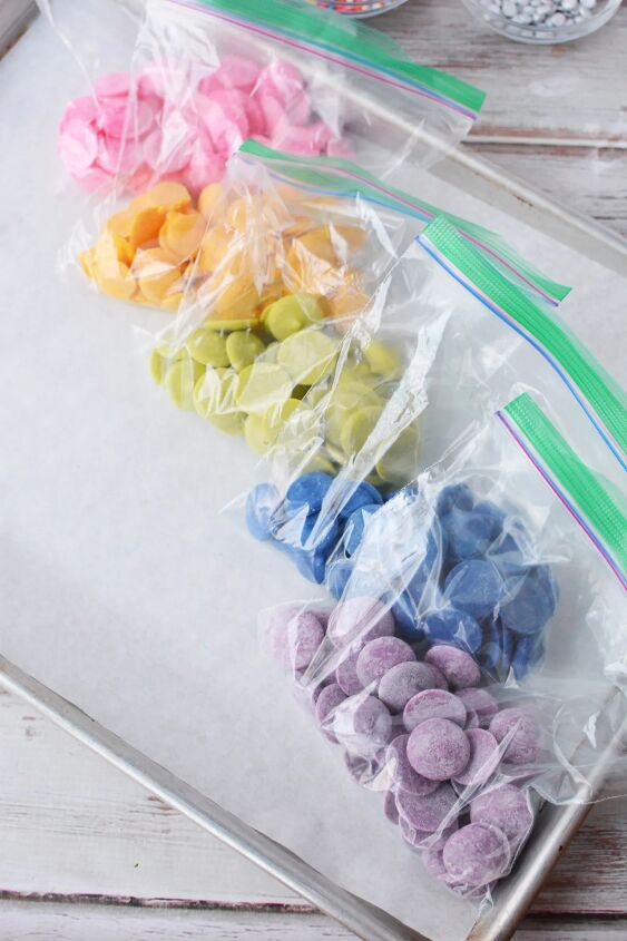 easy diy rainbow bark candy recipe, Bags of candy melts in a rainbow of colors
