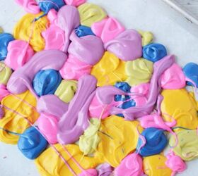easy diy rainbow bark candy recipe, Blobs of candy melts on a baking sheet