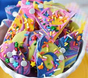 easy diy rainbow bark candy recipe, Pieces of rainbow bark candy in a white bowl
