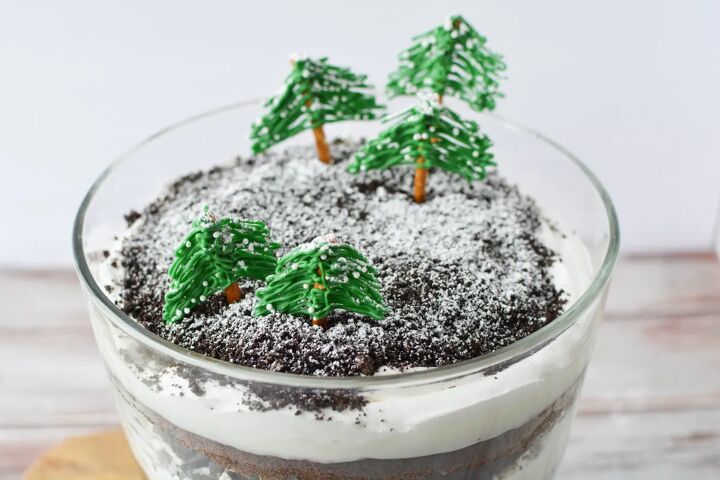 chocolate winter trifle with edible evergreen trees, Chocolate winter trifle topped with edible trees and powdered sugar to look like snow