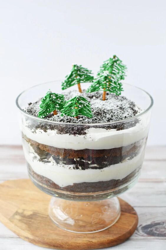 chocolate winter trifle with edible evergreen trees, Winter trifle with edible green trees on top