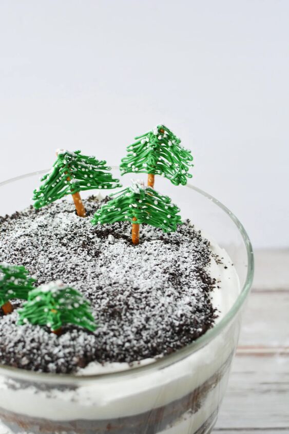 chocolate winter trifle with edible evergreen trees, Edible evergreen trees on top of a chocolate winter trifle