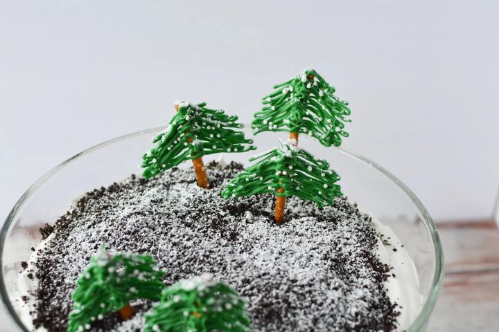 chocolate winter trifle with edible evergreen trees, Pretzel trees on a chocolate trifle