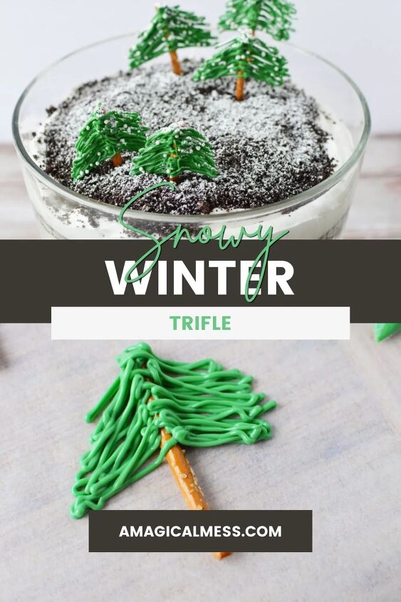 chocolate winter trifle with edible evergreen trees, Winter trifle with pretzel trees and a snowy top for winter