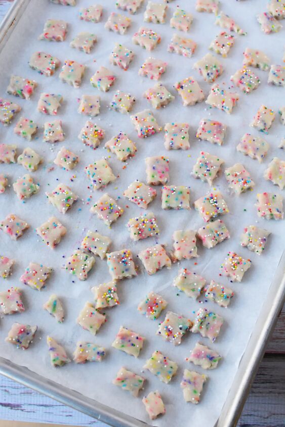 adorable fairy shortbread bites 100 mini cookies, Tiny squares of cookie dough on a baking sheet