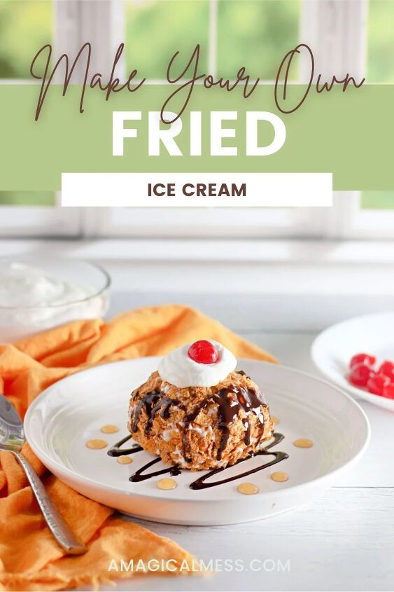 how to make crispy homemade fried ice cream, Fried ice cream on a plate next to cherries and an orange napkin