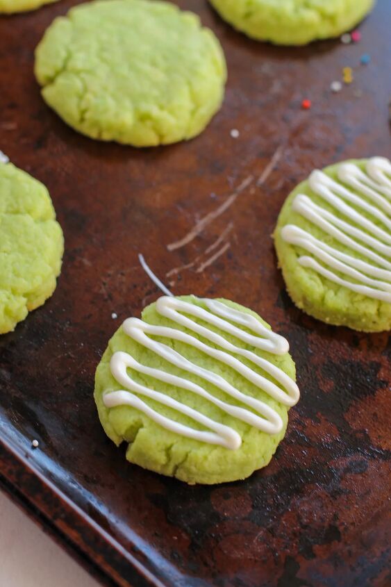 White chocolate drizzle over lime cake mix cookies