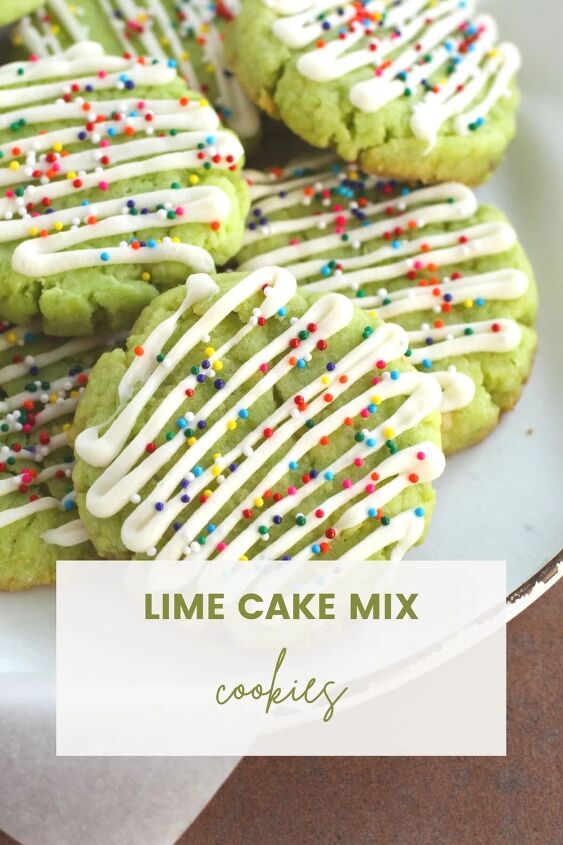 Lime cookie with white chocolate drizzle and rainbow nonpareils on a plate