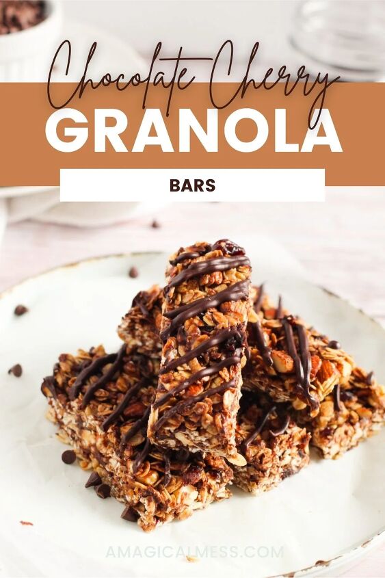 sweet and crunchy cherry chocolate granola bars recipe, Pile of cherry chocolate granola bars on a plate