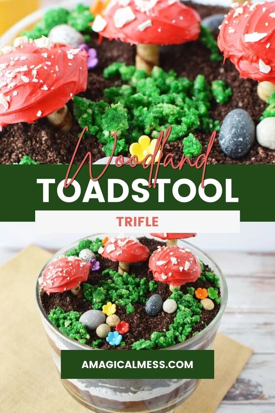 delicious and enchanting woodland fairy toadstool trifle recipe, Fairy garden trifle dessert with cookie toadstools on top