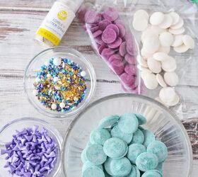 sparkly mermaid bark candy for an easy under the sea sweet, Candy melts edible glitter and sprinkles in bowls