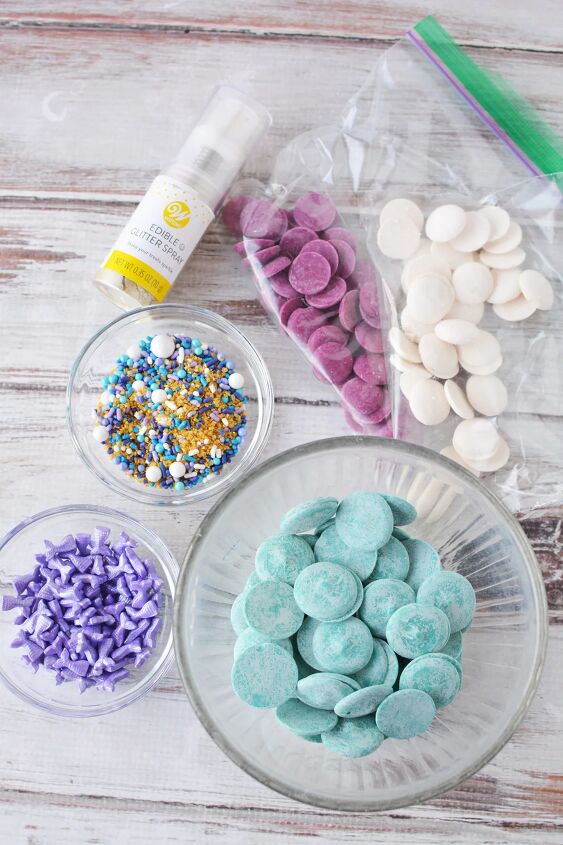 sparkly mermaid bark candy for an easy under the sea sweet, Candy melts edible glitter and sprinkles in bowls