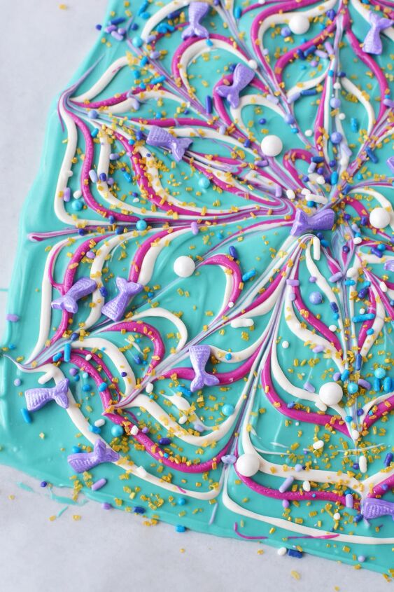 sparkly mermaid bark candy for an easy under the sea sweet, Swirled and sparkly mermaid bark candy on a sheet